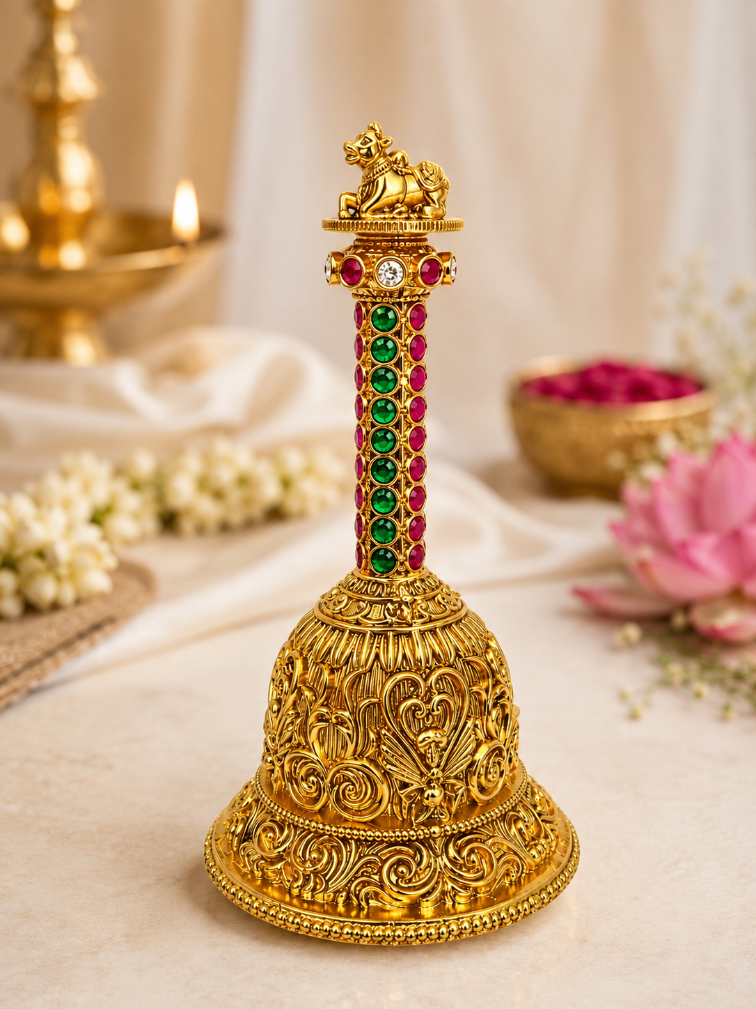 Nandi Sacred Temple Pooja Bell | Nakshi Gold Ruby Gem Handle Deity– GV-RG-S-B-121