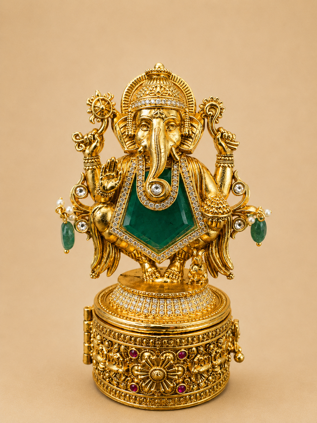 Lord Ganesha Precious Stone Kumkum Box | CZ Kundan 4 Colour Variants Gold – GV-RG-S-K-116