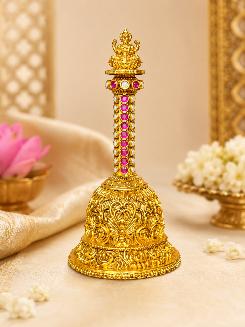 Goddess Lakshmi Sacred Temple Pooja Bell | Nakshi Gold Ruby Gem Handle Deity – GV-RG-S-B-123