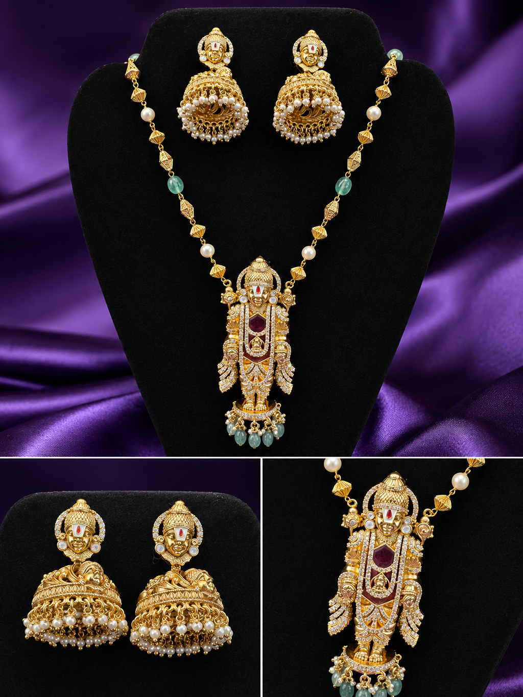 Lord Venkateswara Balaji Necklace Set |  Idol Pendant Kundan Jhumka Earrings – GV-RG-S-J-113