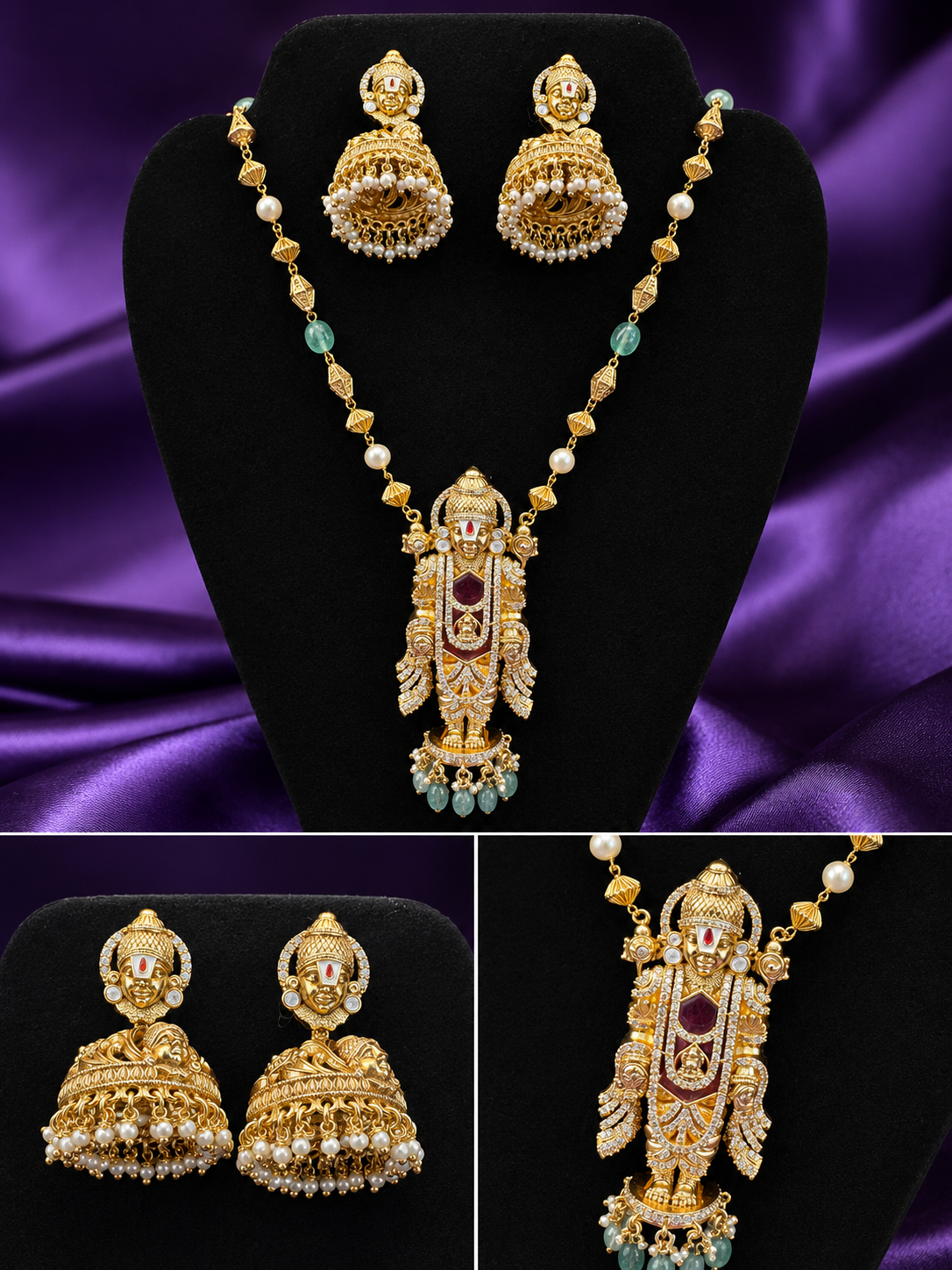 Lord Venkateswara Balaji Necklace Set |  Idol Pendant Kundan Jhumka Earrings – GV-RG-S-J-113