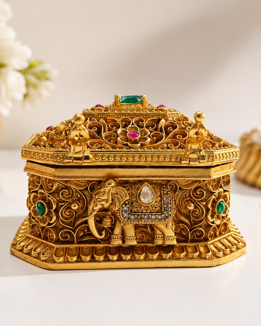 Royal Elephant Nakshi Dual Chamber Box | Emerald CZ Ruby Octagonal Treasure Chest – GV-Rg-S-K-123