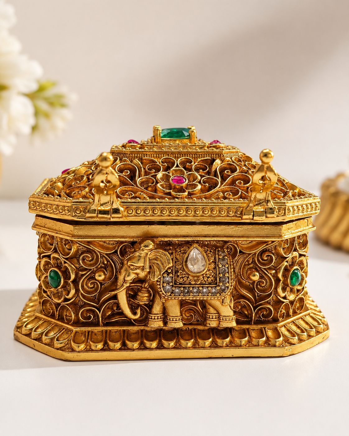 Royal Elephant Nakshi Dual Chamber Box | Emerald CZ Ruby Octagonal Treasure Chest – GV-Rg-S-K-123