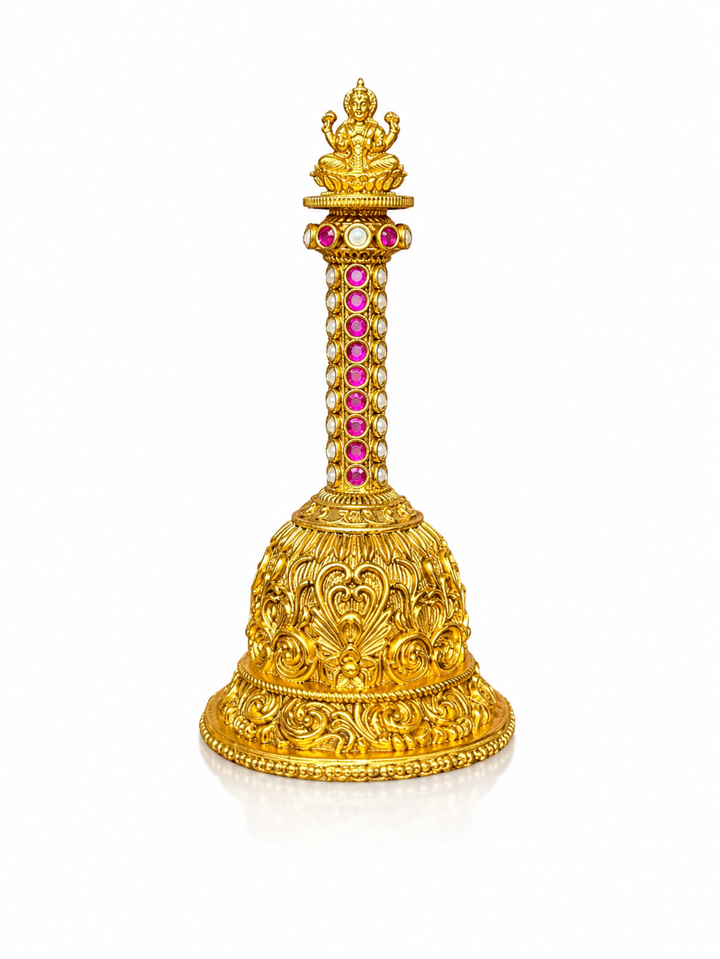 Goddess Lakshmi Sacred Temple Pooja Bell | Nakshi Gold Ruby Gem Handle Deity – GV-RG-S-B-123
