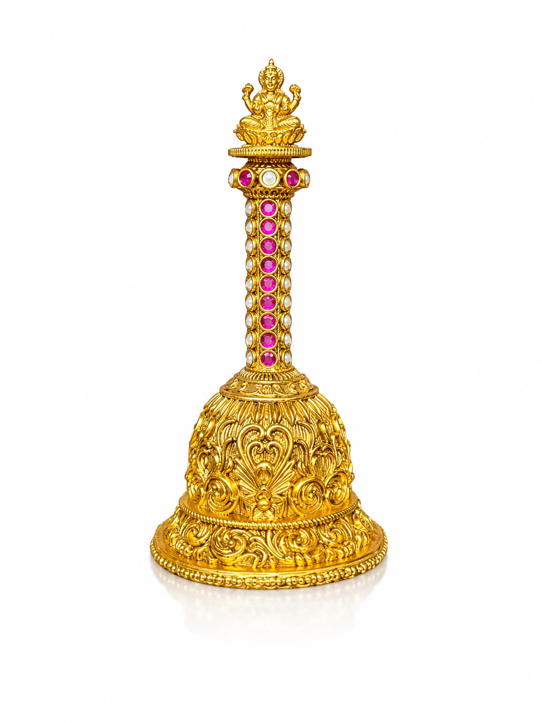 Goddess Lakshmi Sacred Temple Pooja Bell | Nakshi Gold Ruby Gem Handle Deity – GV-RG-S-B-123