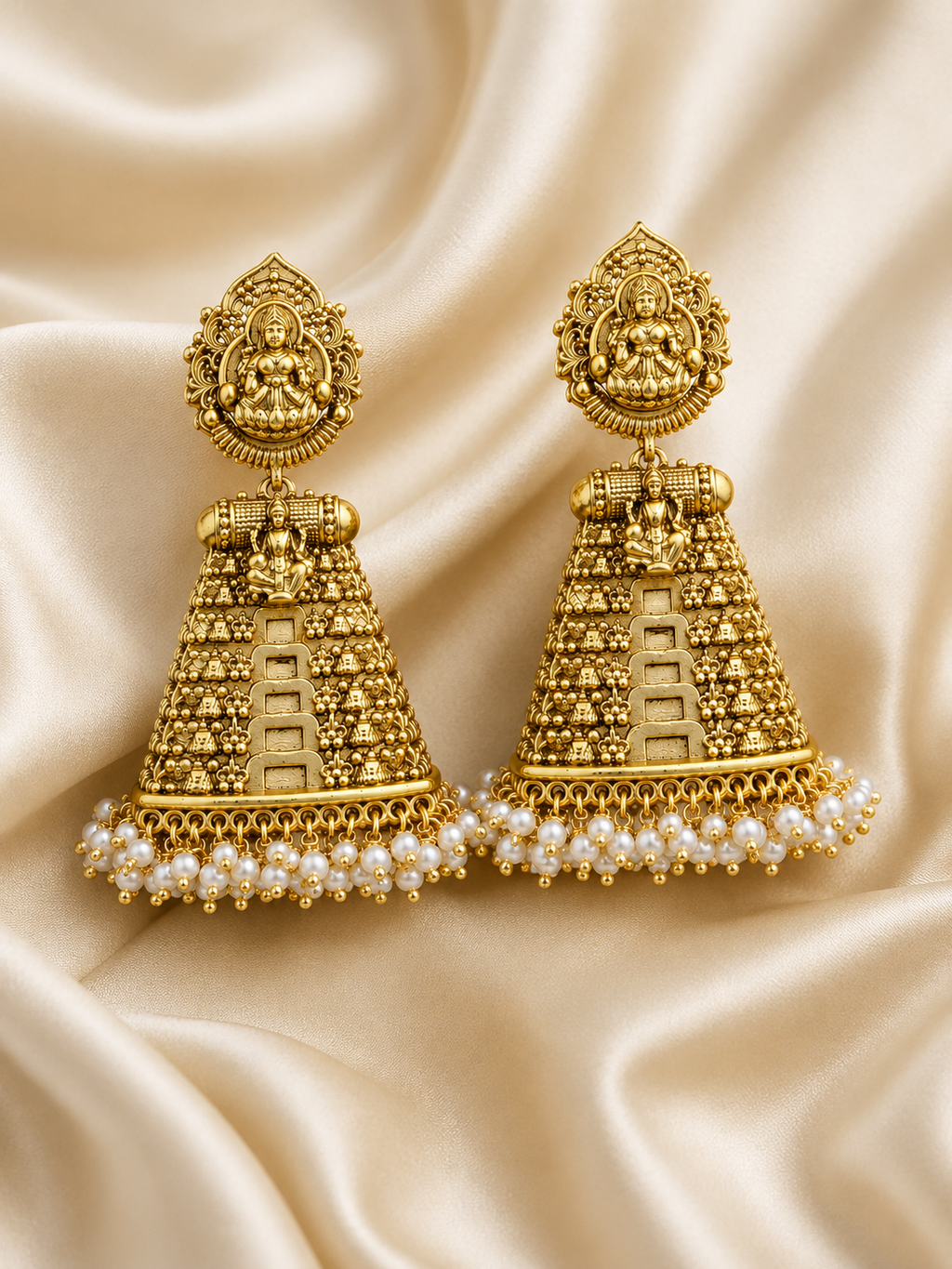 Lakshmi Gopuram Temple Jhumka Earrings | Tiered Pyramid Pearl Drop Antique Gold – GV-RG-S-J-118