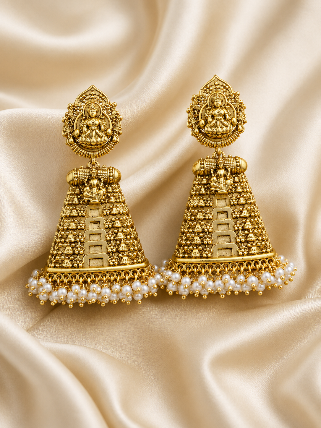 Lakshmi Gopuram Temple Jhumka Earrings | Tiered Pyramid Pearl Drop Antique Gold – GV-RG-S-J-118