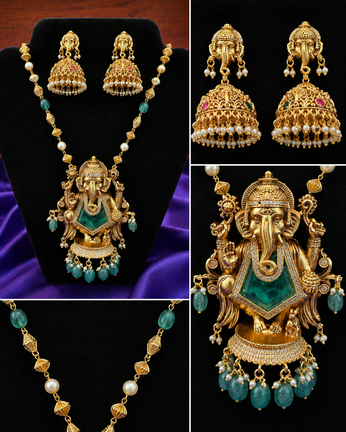 Lord Ganesha 3D Idol Necklace Set | Kundan Emerald Pendant Ganesha Jhumka – GV-RG-S-J-114