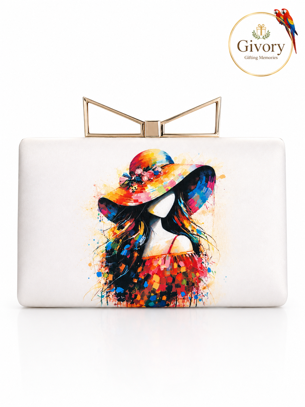 Watercolor Lady in a Hat Clutch Bag | Bow Clasp Box Clutch – GV-RG-S-BG-004