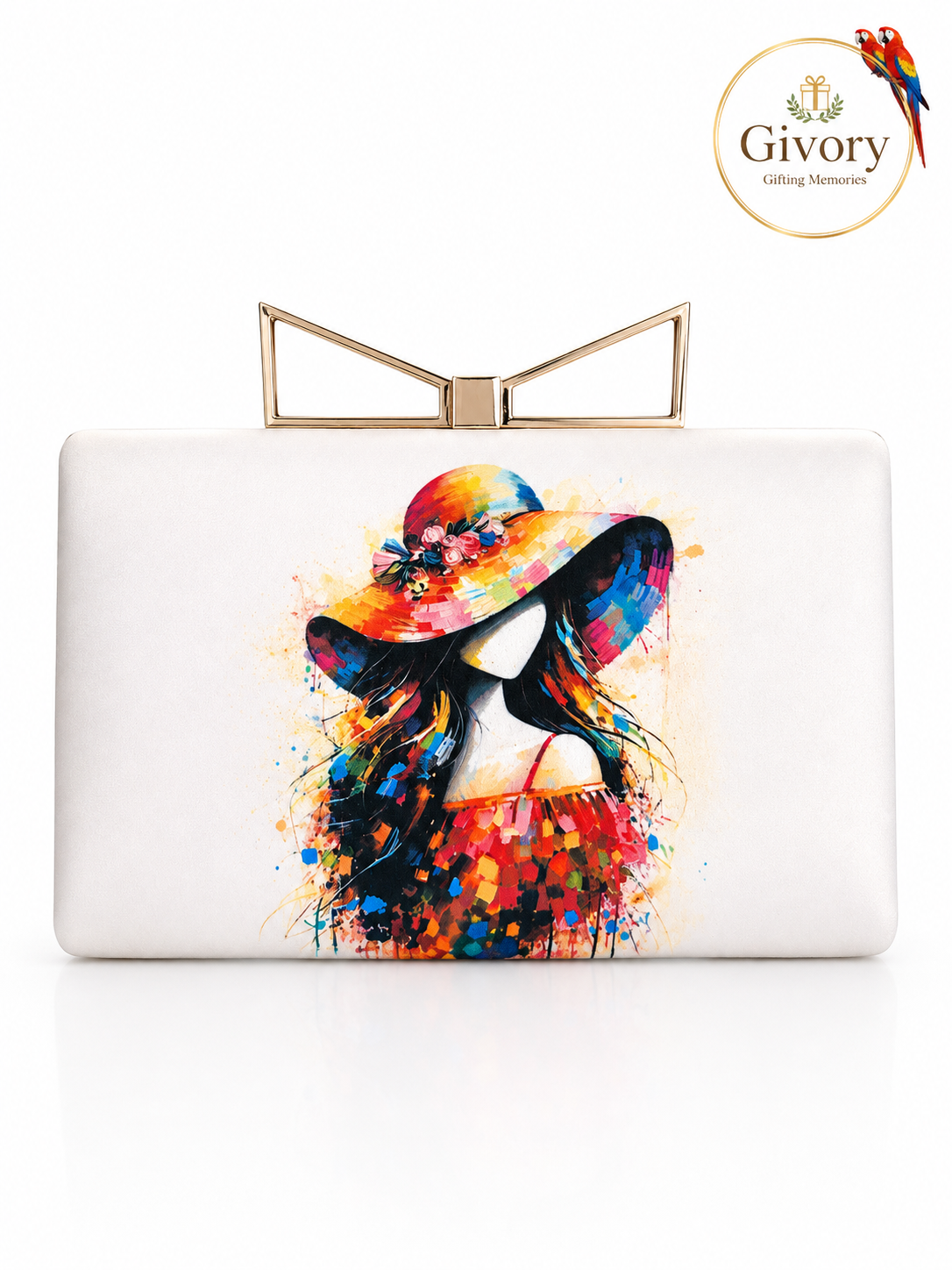 Watercolor Lady in a Hat Clutch Bag | Bow Clasp Box Clutch – GV-RG-S-BG-004