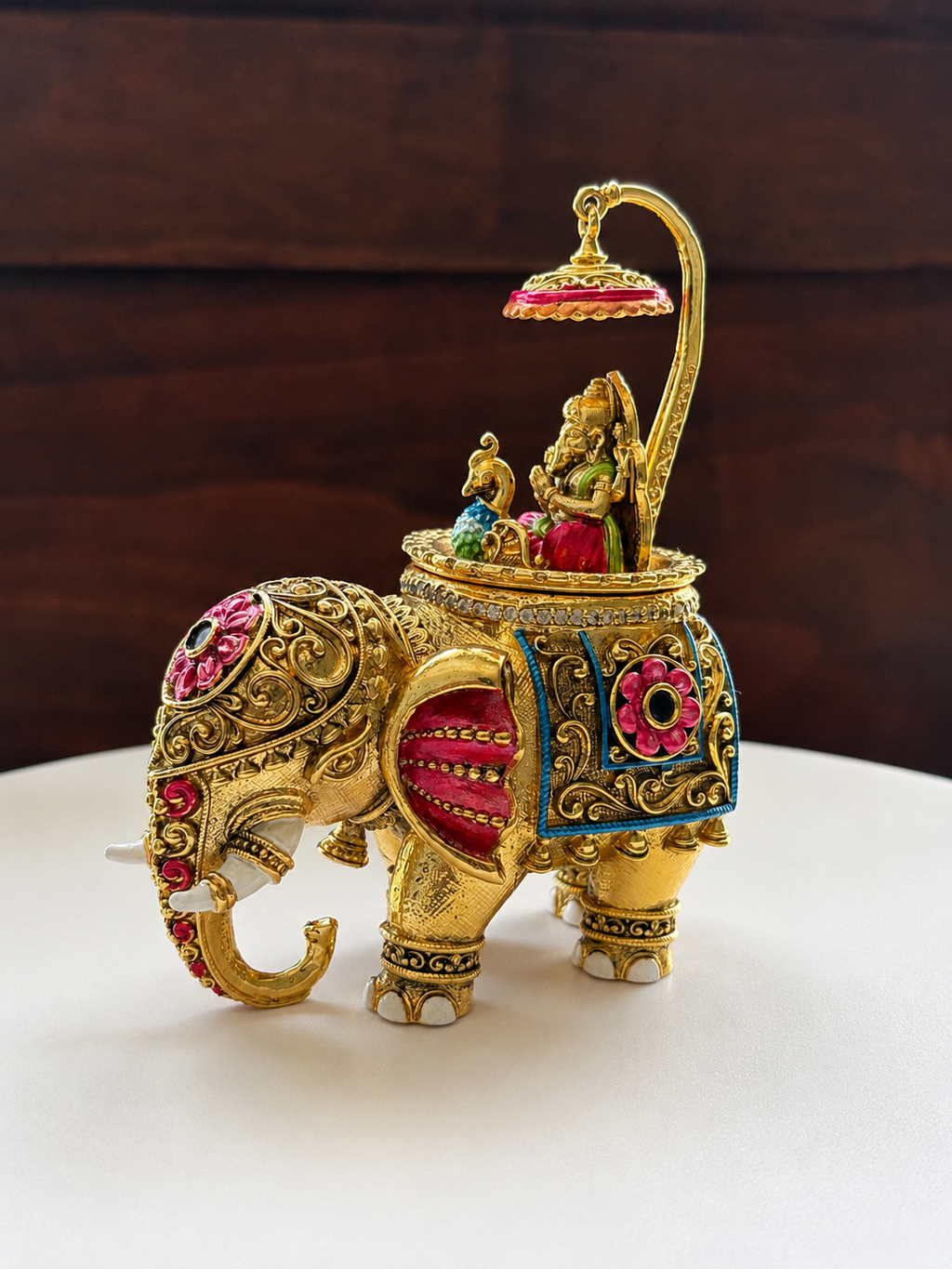 Lord Ganesha Meenakari Royal Elephant Kumkum Box | Gold Chatri Enamel Pooja Box – GV-RG-S-K-121
