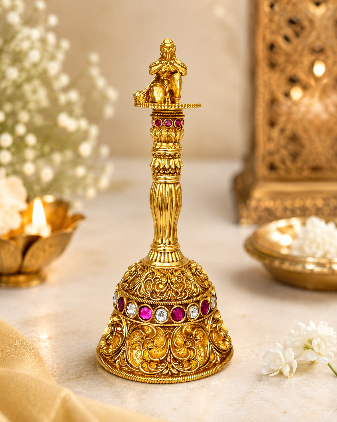 Hanuman Sacred Temple Pooja Bell | Nakshi Gold Ruby Gem Handle Deity – GV-RG-S-B-122