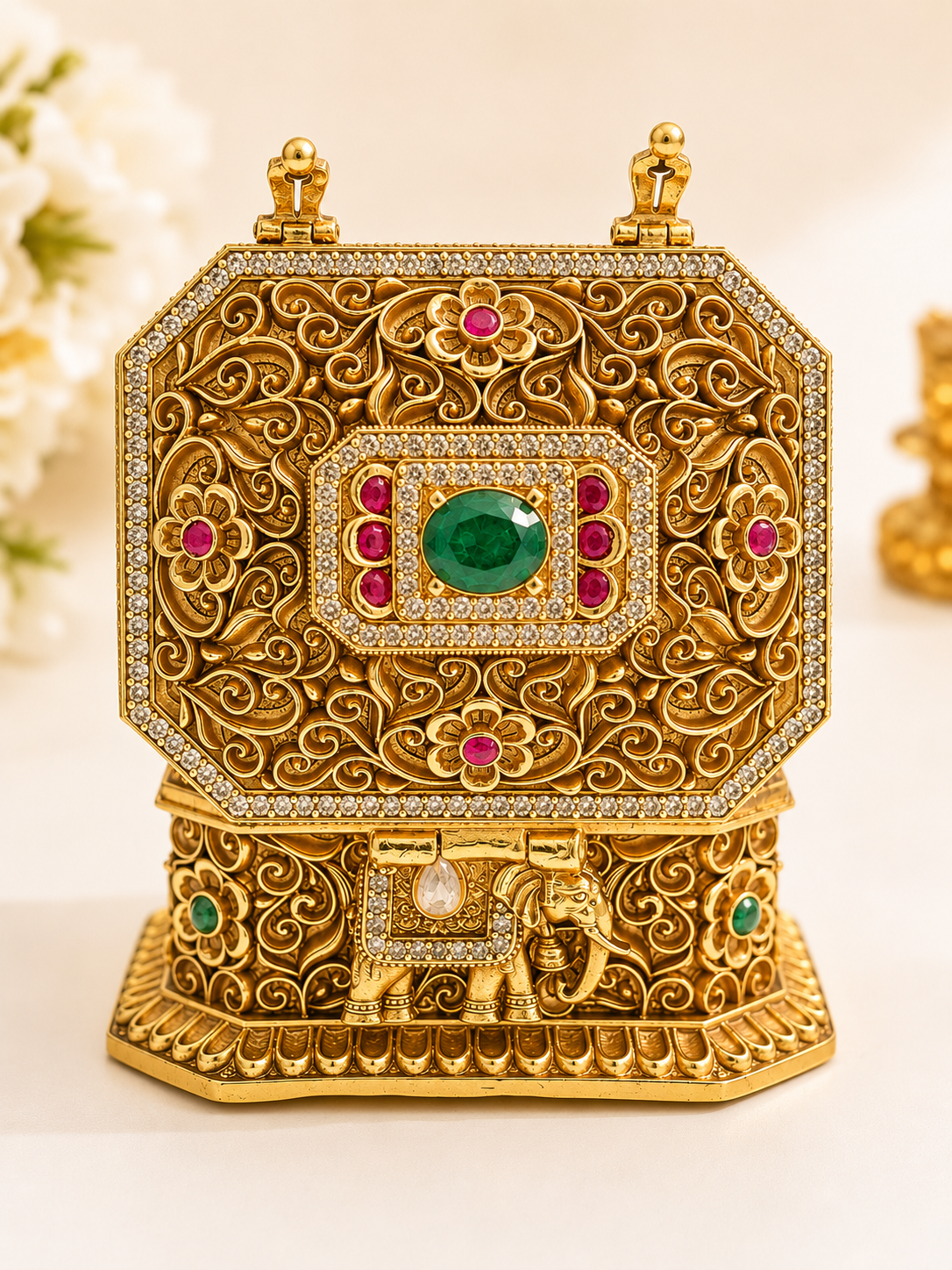 Royal Elephant Nakshi Dual Chamber Box | Emerald CZ Ruby Octagonal Treasure Chest – GV-Rg-S-K-123