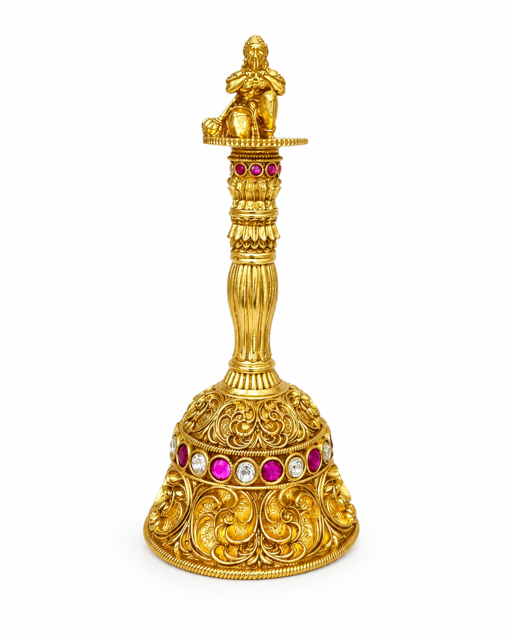Hanuman Sacred Temple Pooja Bell | Nakshi Gold Ruby Gem Handle Deity – GV-RG-S-B-122