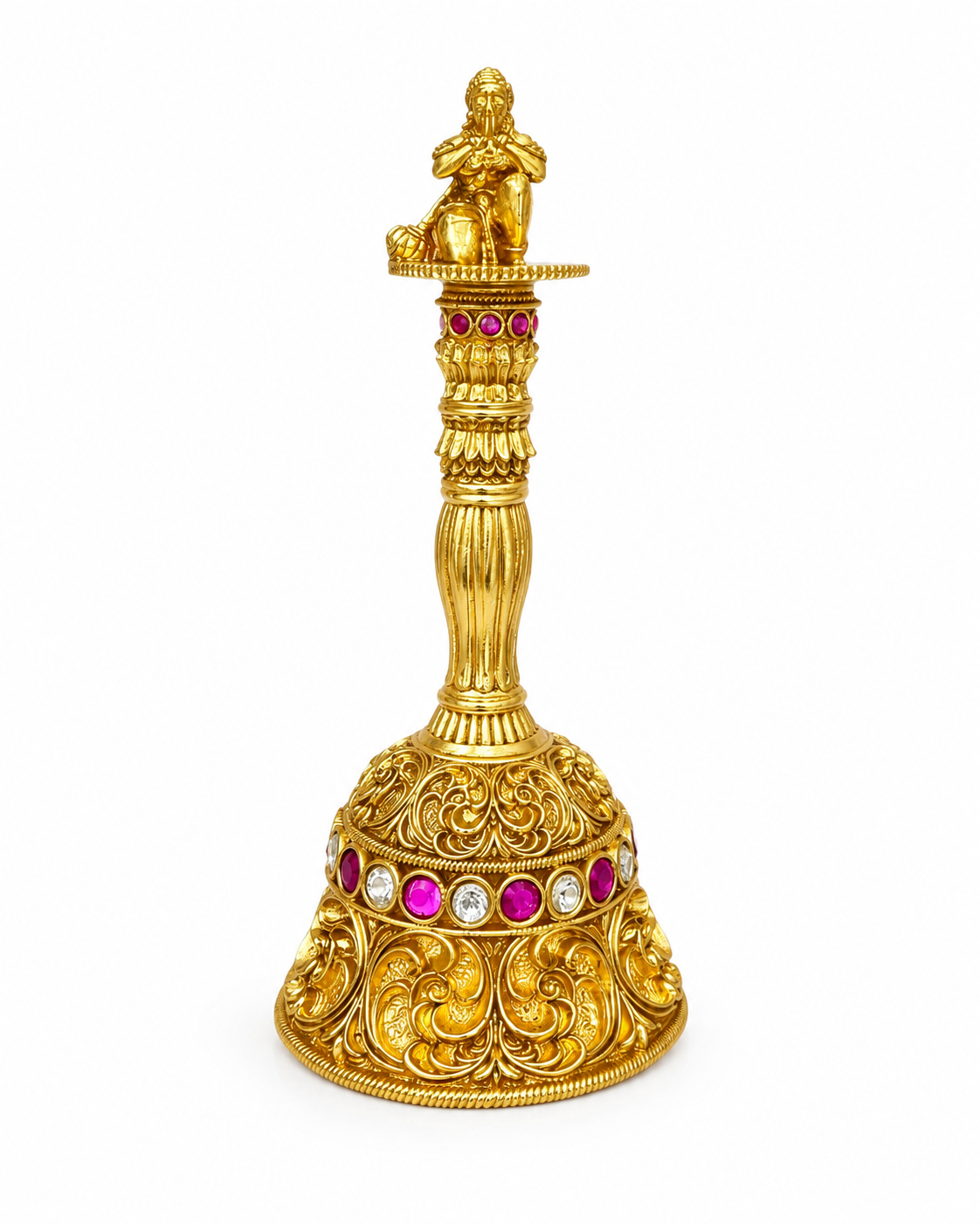 Hanuman Sacred Temple Pooja Bell | Nakshi Gold Ruby Gem Handle Deity – GV-RG-S-B-122