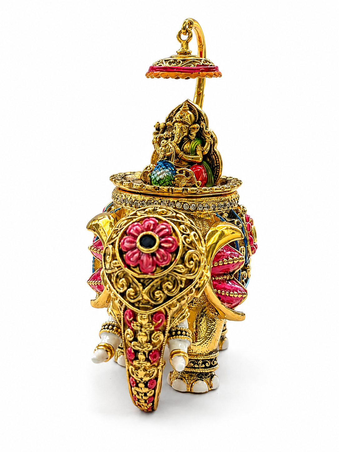Lord Ganesha Meenakari Royal Elephant Kumkum Box | Gold Chatri Enamel Pooja Box – GV-RG-S-K-121