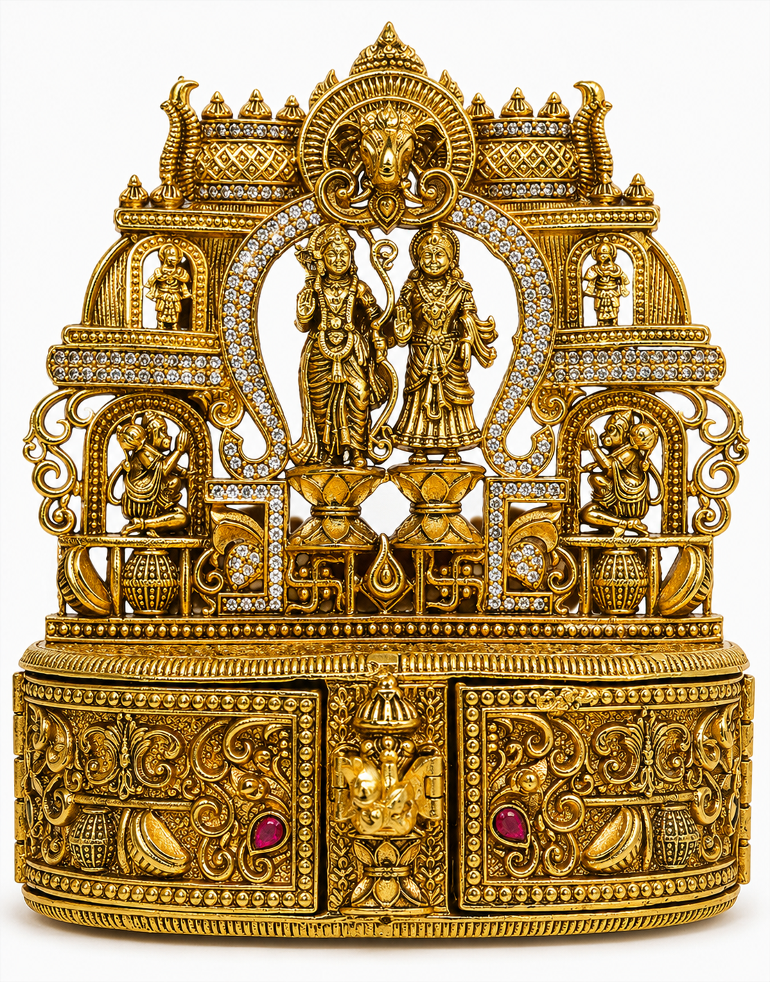 Ram Parivar Grand Temple Kumkum Box | Ram Sita Hanuman CZ Diamond Arch – GV-Rg-S-K-117