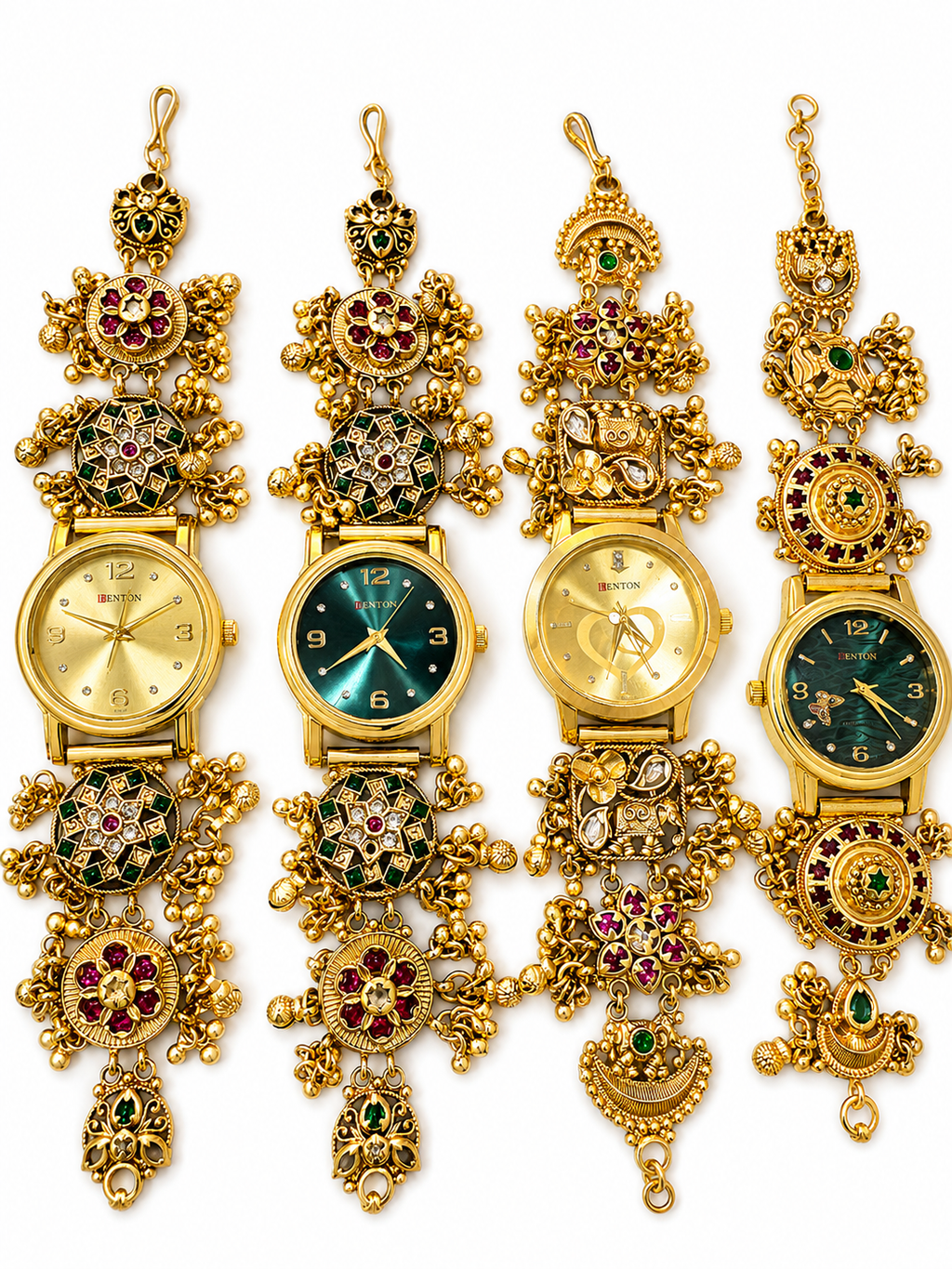 Jadau Kundan Temple Jewellery Watch | Antique Gold Ruby Emerald Bridal Watch – GV-RG-S-W-119