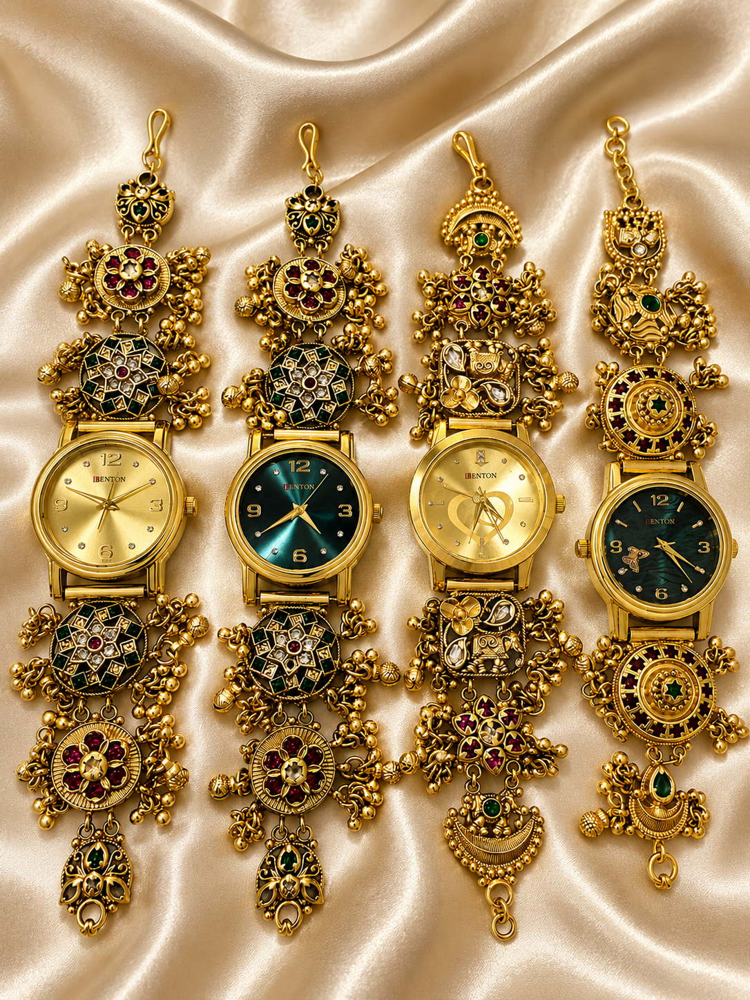 Jadau Kundan Temple Jewellery Watch | Antique Gold Ruby Emerald Bridal Watch – GV-RG-S-W-119