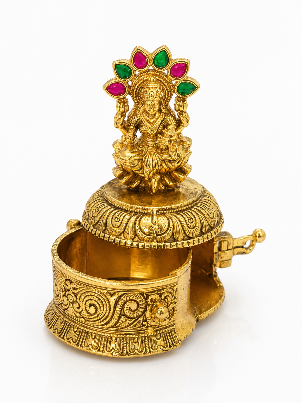 Goddess Lakshmi Jadau Kundan Kumkum Box | Ruby Emerald Halo Lotus Dome – GV-RG-S-K-122