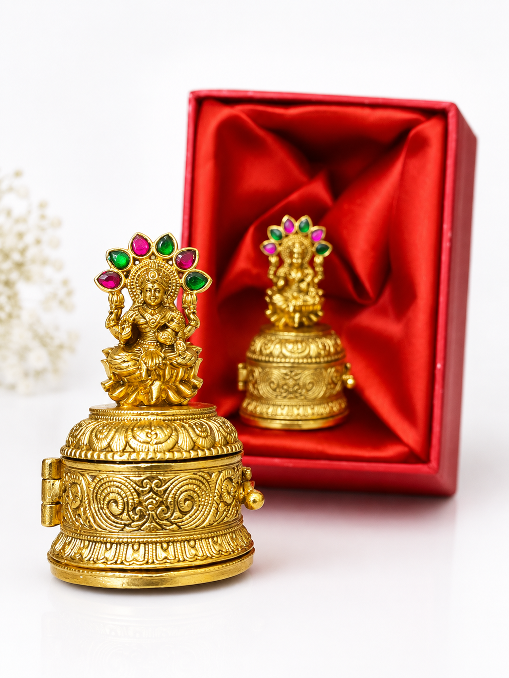 Goddess Lakshmi Jadau Kundan Kumkum Box | Ruby Emerald Halo Lotus Dome – GV-RG-S-K-122