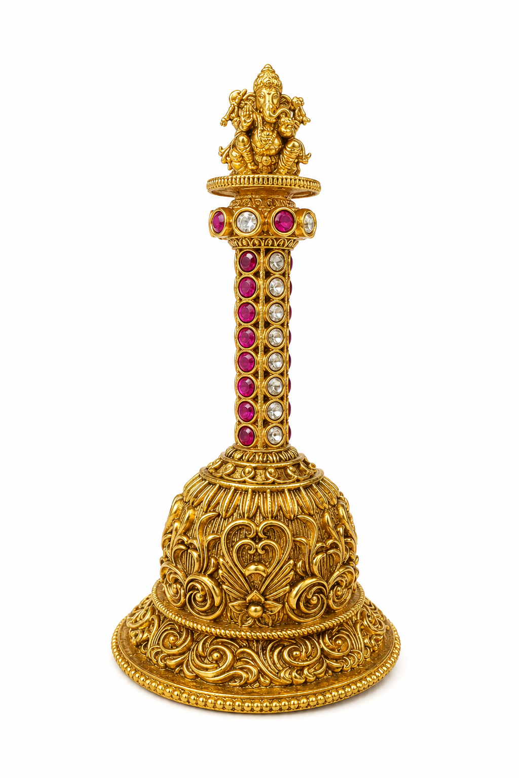 Lord Ganesha Sacred Temple Pooja Bell | Nakshi Gold Ruby Gem Handle Deity – GV-RG-S-B-120
