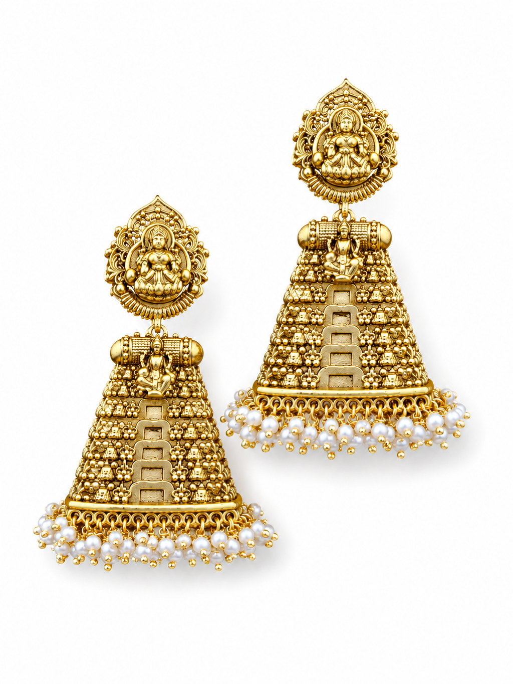 Lakshmi Gopuram Temple Jhumka Earrings | Tiered Pyramid Pearl Drop Antique Gold – GV-RG-S-J-118