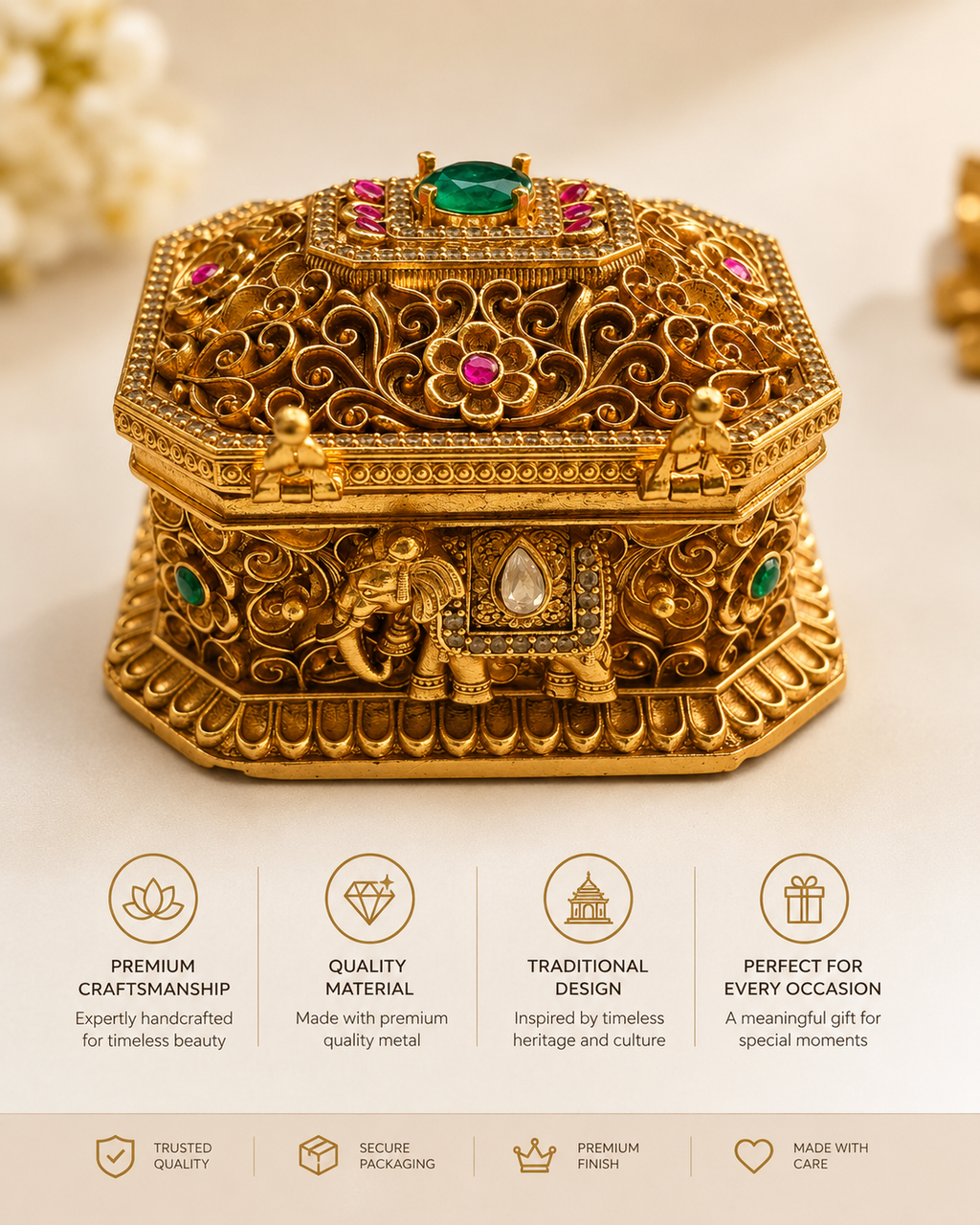 Royal Elephant Nakshi Dual Chamber Box | Emerald CZ Ruby Octagonal Treasure Chest – GV-Rg-S-K-123