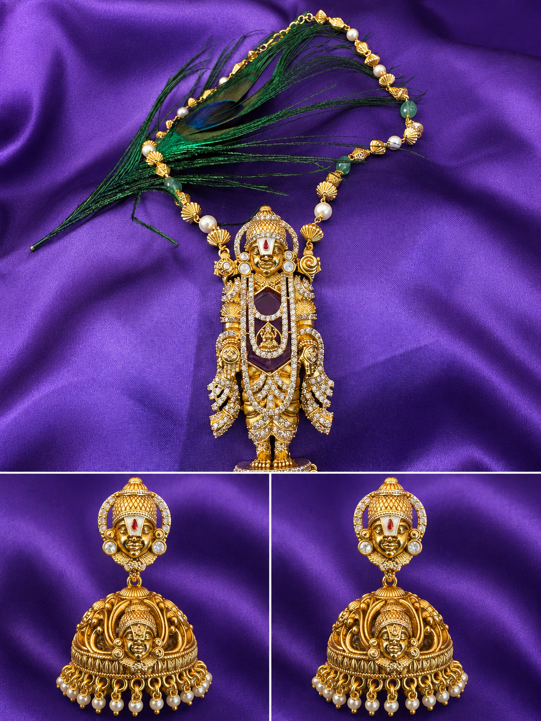 Lord Venkateswara Balaji Necklace Set |  Idol Pendant Kundan Jhumka Earrings – GV-RG-S-J-113