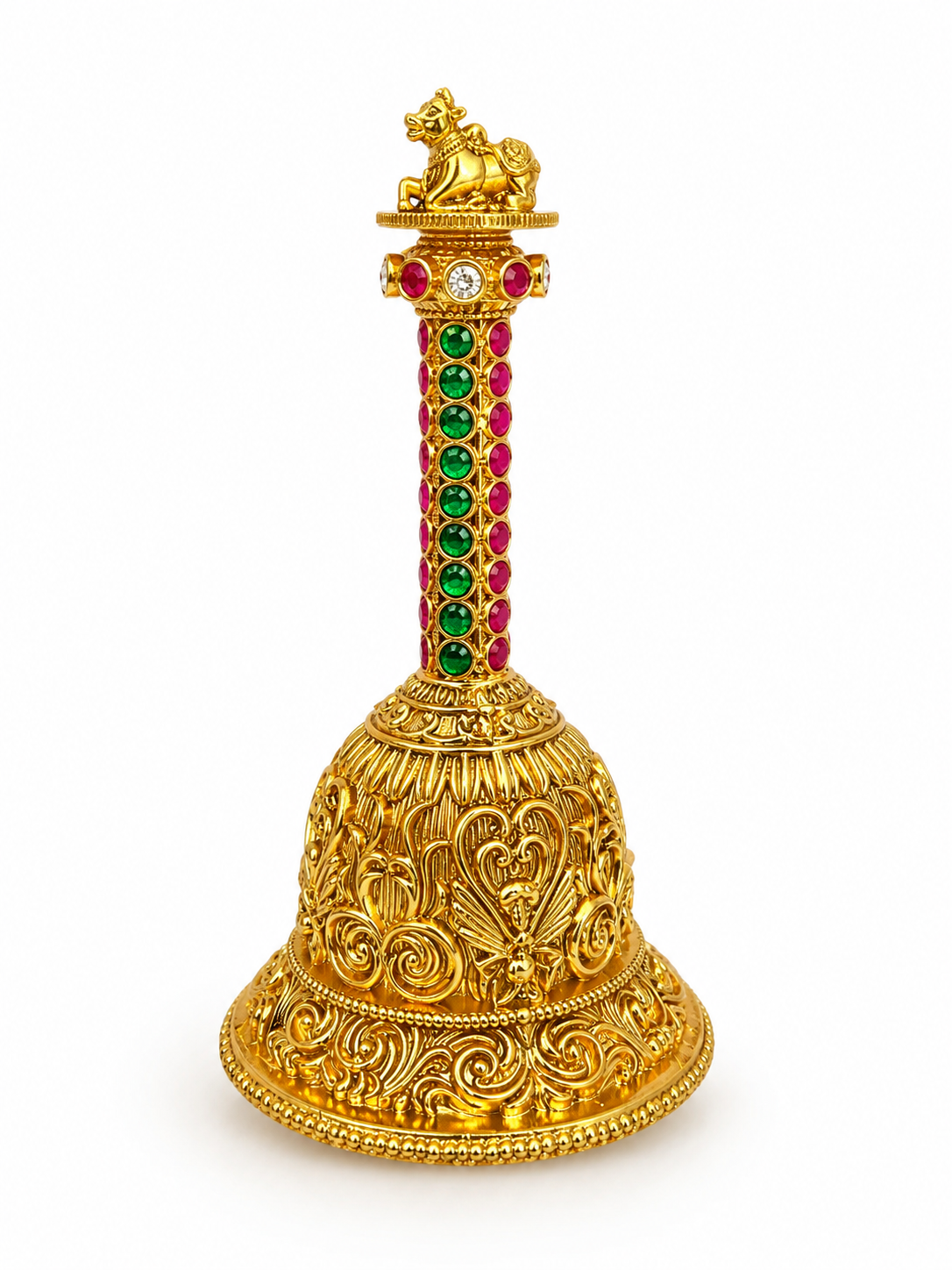 Nandi Sacred Temple Pooja Bell | Nakshi Gold Ruby Gem Handle Deity– GV-RG-S-B-121