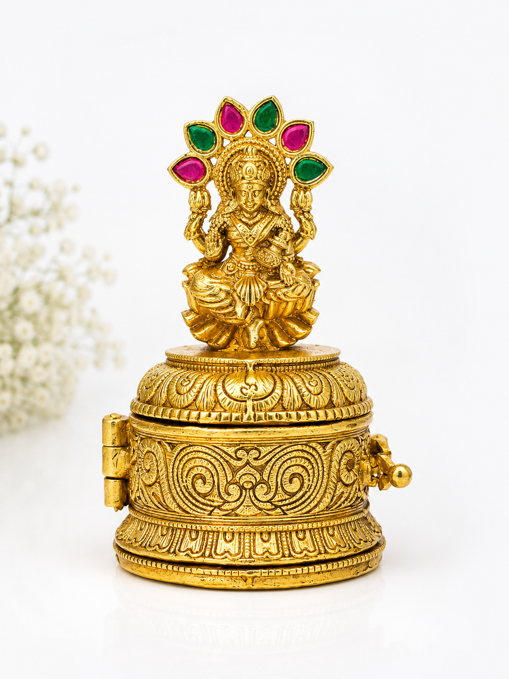 Goddess Lakshmi Jadau Kundan Kumkum Box | Ruby Emerald Halo Lotus Dome – GV-RG-S-K-122