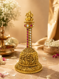 Lord Ganesha Sacred Temple Pooja Bell | Nakshi Gold Ruby Gem Handle Deity – GV-RG-S-B-120