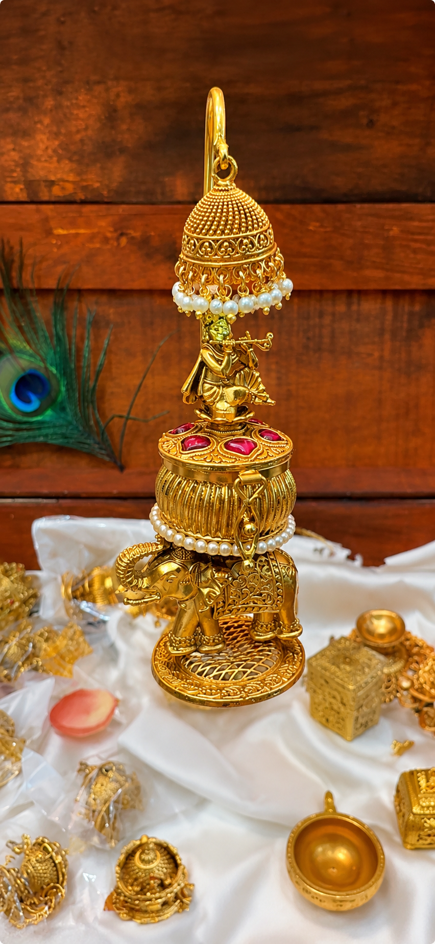 Krishna Flute Hanging Jhumka Kumkum Box | Elephant Base Pearl Mala Ruby  – GV-RG-S-K-115