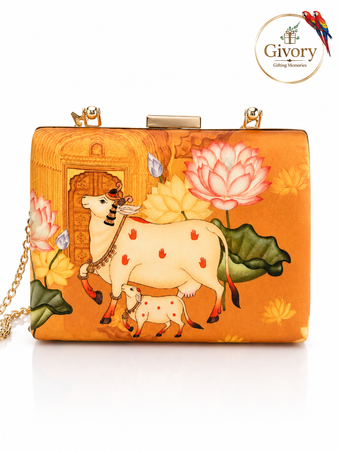 Sacred Cow Pichwai Art Clutch Bag | Lotus Temple Print – GV-RG-S-BG-002
