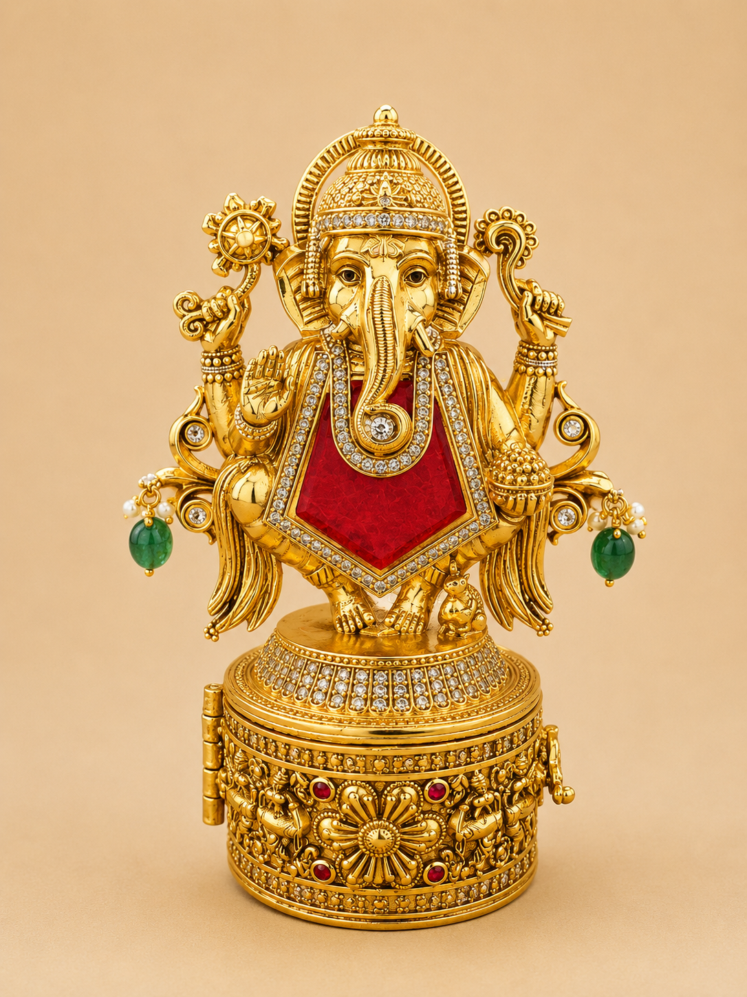 Lord Ganesha Precious Stone Kumkum Box | CZ Kundan 4 Colour Variants Gold – GV-RG-S-K-116