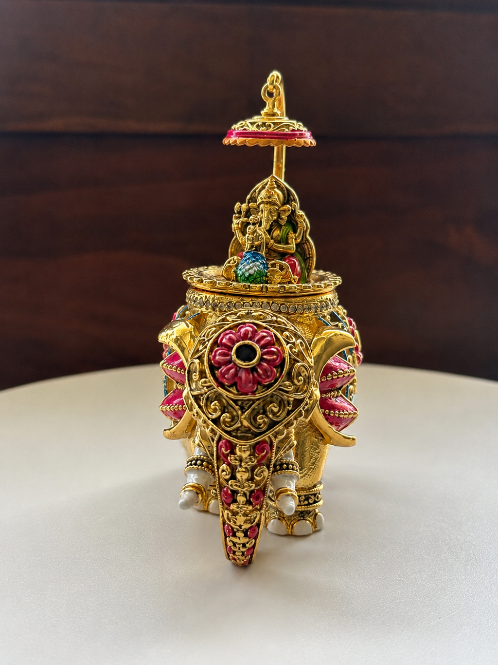 Lord Ganesha Meenakari Royal Elephant Kumkum Box | Gold Chatri Enamel Pooja Box – GV-RG-S-K-121