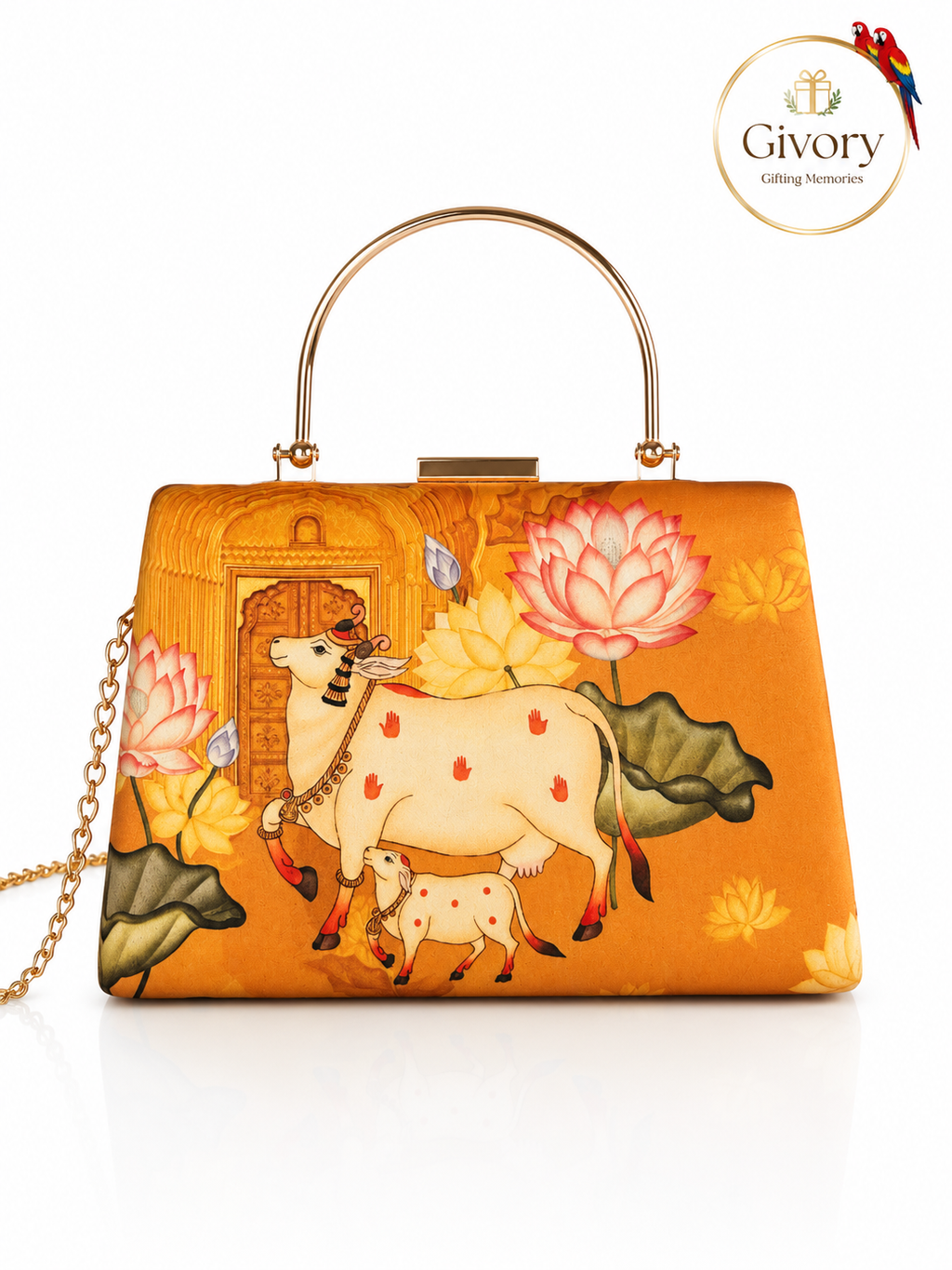 Sacred Cow Pichwai Art Clutch Bag | Lotus Temple Print – GV-RG-S-BG-002