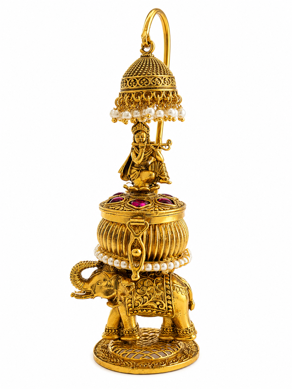 Krishna Flute Hanging Jhumka Kumkum Box | Elephant Base Pearl Mala Ruby  – GV-RG-S-K-115
