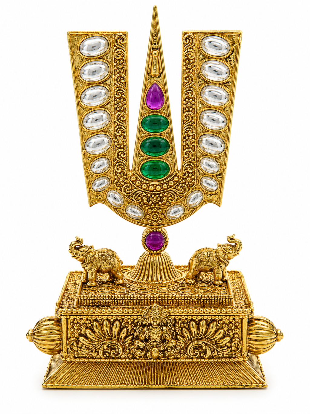 Lord Venkateswara Namam Kumkum Box | Jadau Kundan Diamond Emerald Ruby Elephant Drawer – GV-RG-S-K-132