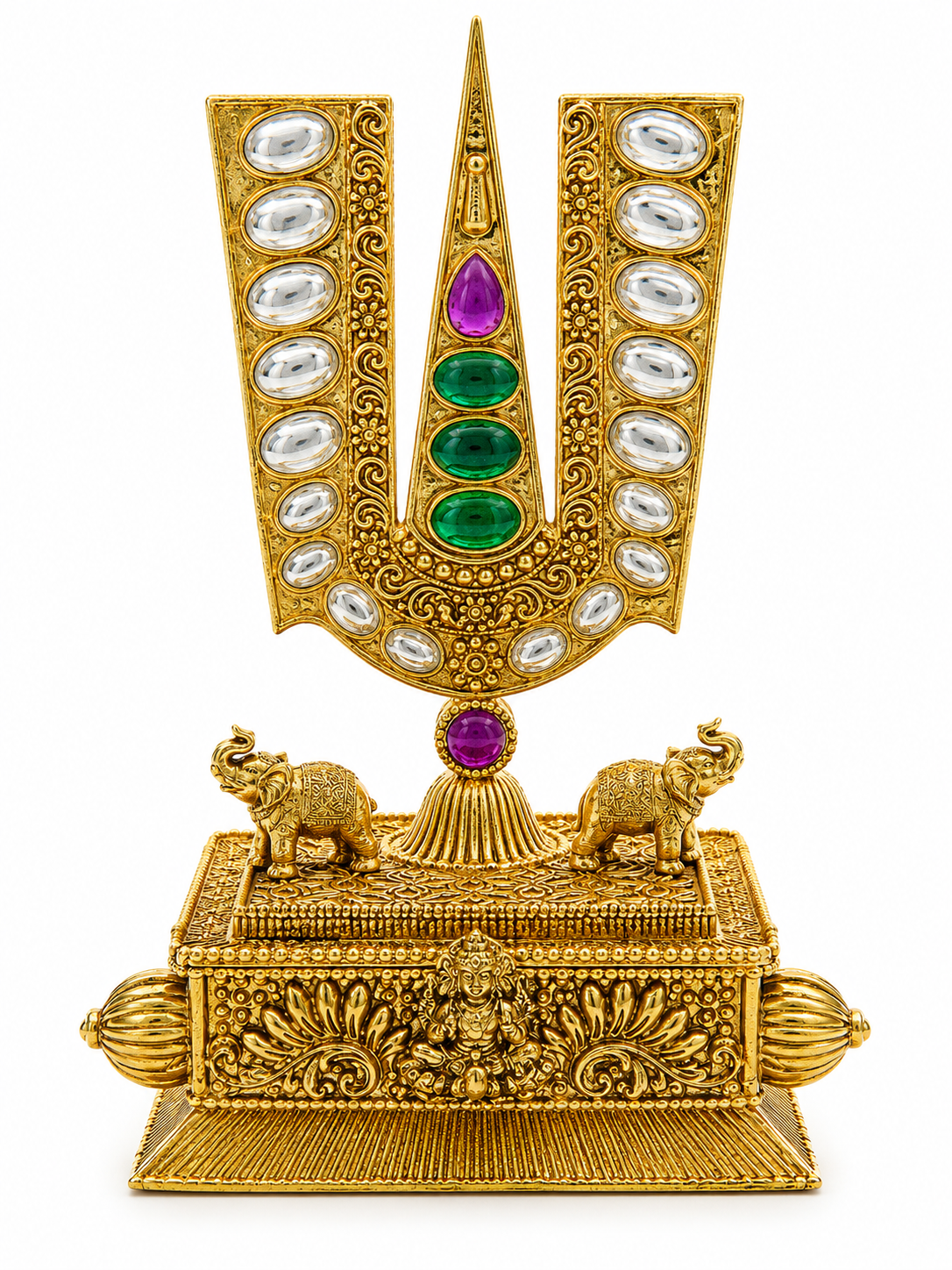 Lord Venkateswara Namam Kumkum Box | Jadau Kundan Diamond Emerald Ruby Elephant Drawer – GV-RG-S-K-132