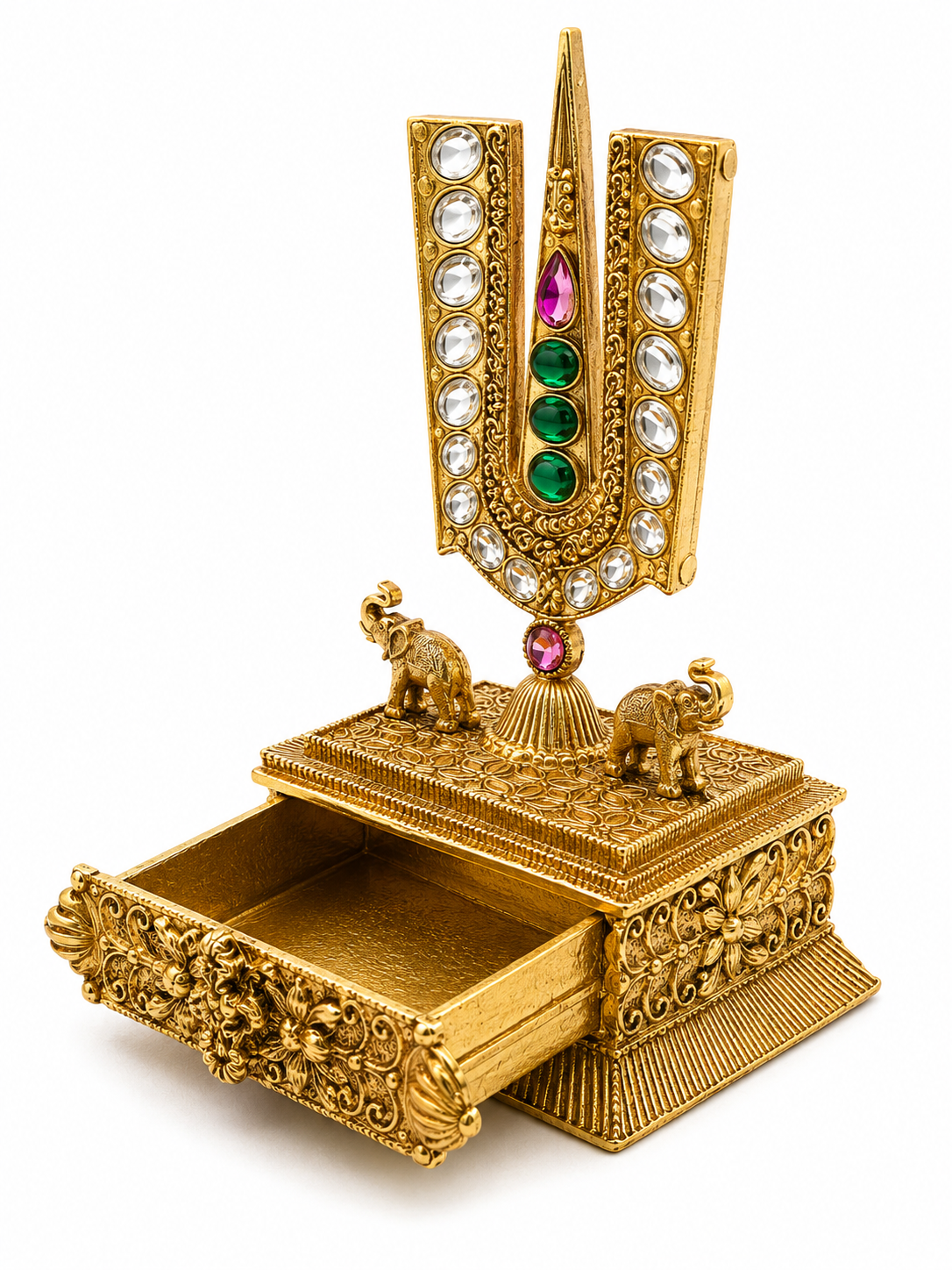 Lord Venkateswara Namam Kumkum Box | Jadau Kundan Diamond Emerald Ruby Elephant Drawer – GV-RG-S-K-132