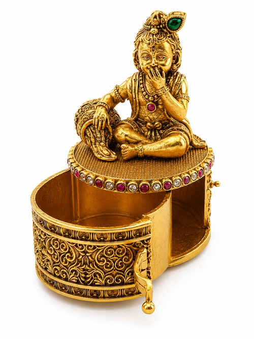 Bal Krishna Makhan Chor Kumkum Box | Baby Krishna Butter Pot Emerald Ruby Gold – GV-RG-S-K-133