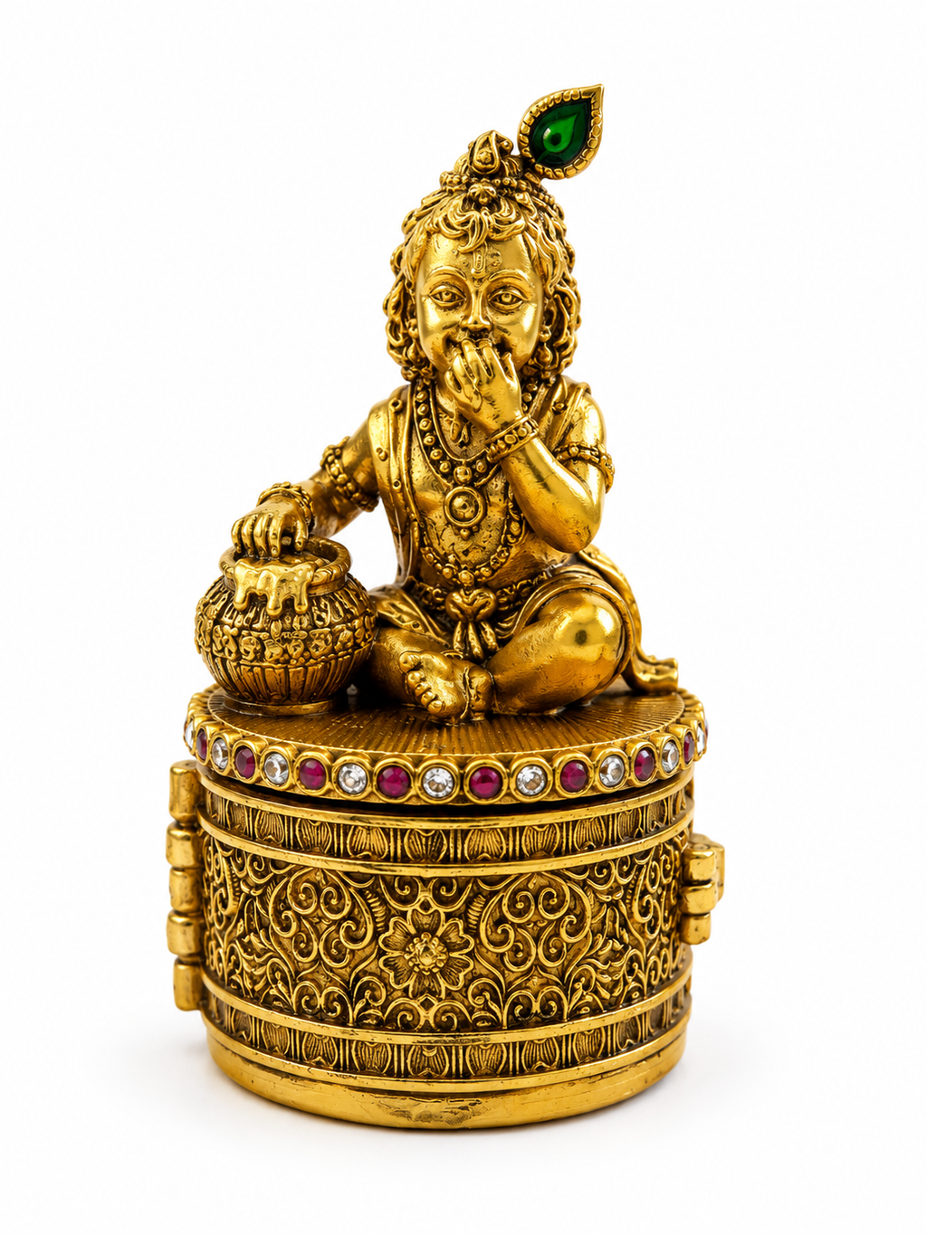 Bal Krishna Makhan Chor Kumkum Box | Baby Krishna Butter Pot Emerald Ruby Gold – GV-RG-S-K-133