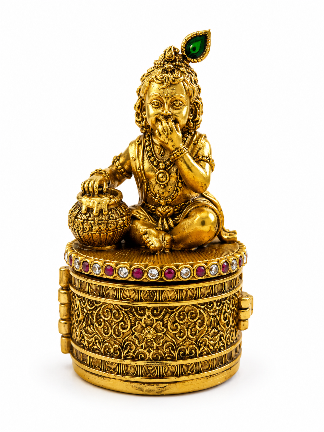 Bal Krishna Makhan Chor Kumkum Box | Baby Krishna Butter Pot Emerald Ruby Gold – GV-RG-S-K-133