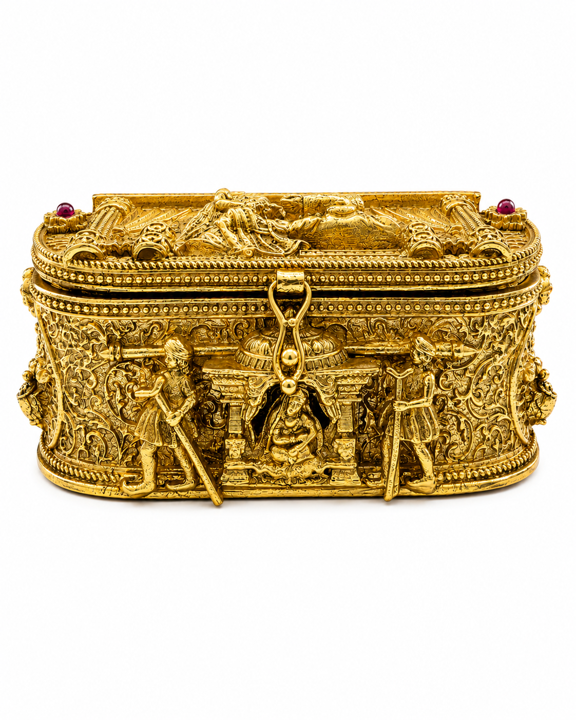Royal Darbar Narrative Kumkum Box | 3D Relief Scene Oval Dual Chamber Antique Gold – GV-RG-S-K-134