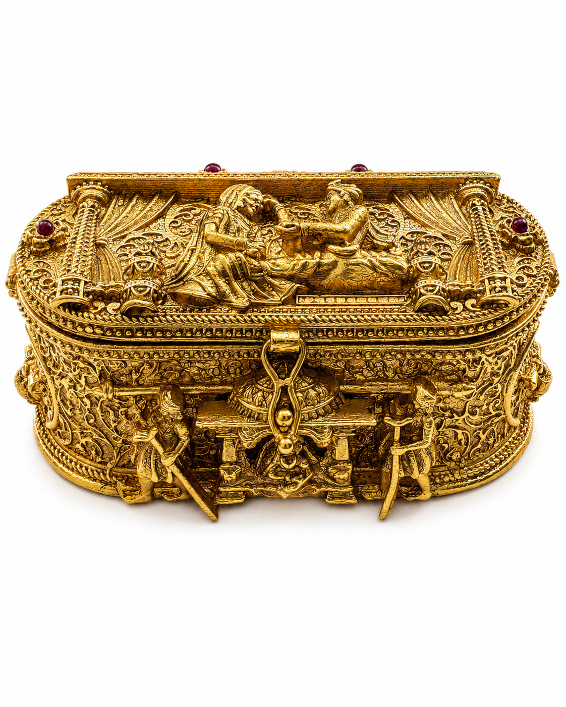 Royal Darbar Narrative Kumkum Box | 3D Relief Scene Oval Dual Chamber Antique Gold – GV-RG-S-K-134