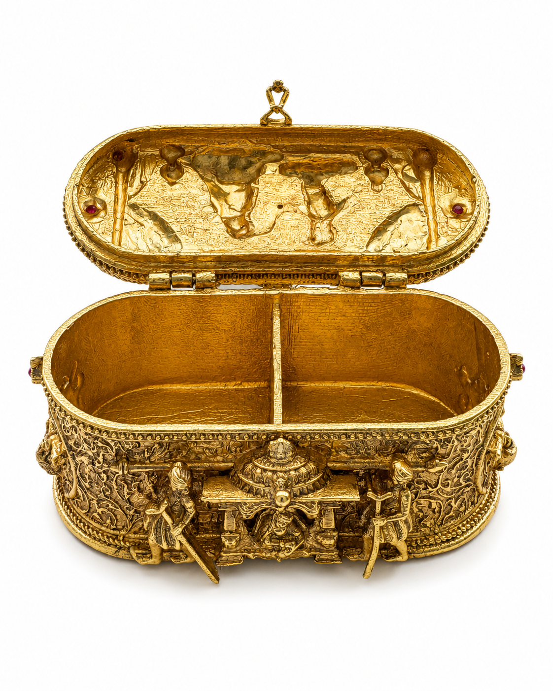 Royal Darbar Narrative Kumkum Box | 3D Relief Scene Oval Dual Chamber Antique Gold – GV-RG-S-K-134
