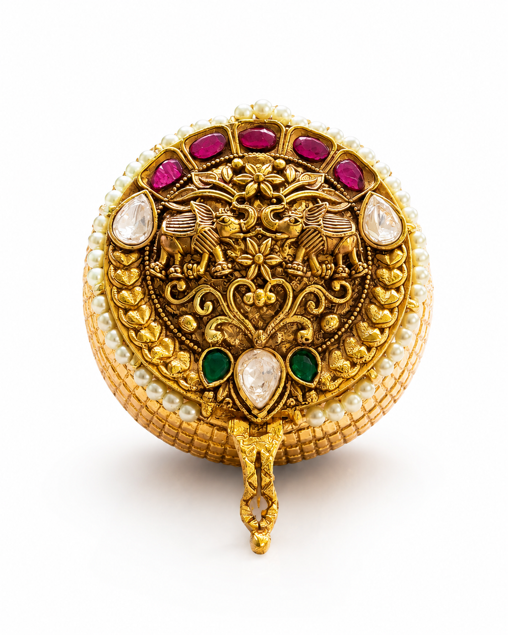 Royal Nakshi Kundan Twin Elephant Kumkum Box | Pearl Border Ruby Emerald Sindoor Box – GV-RG-S-K-124