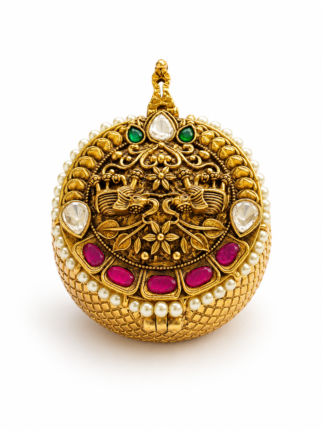 Royal Nakshi Kundan Twin Elephant Kumkum Box | Pearl Border Ruby Emerald Sindoor Box – GV-RG-S-K-124