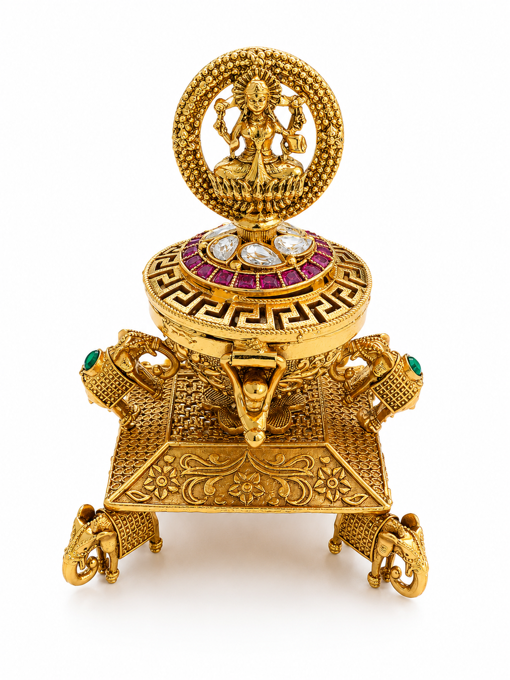 Goddess Lakshmi Gaja Peetham Kumkum Box | Six Elephant Throne Polki Ruby Lotus – GV-RG-S-K-125